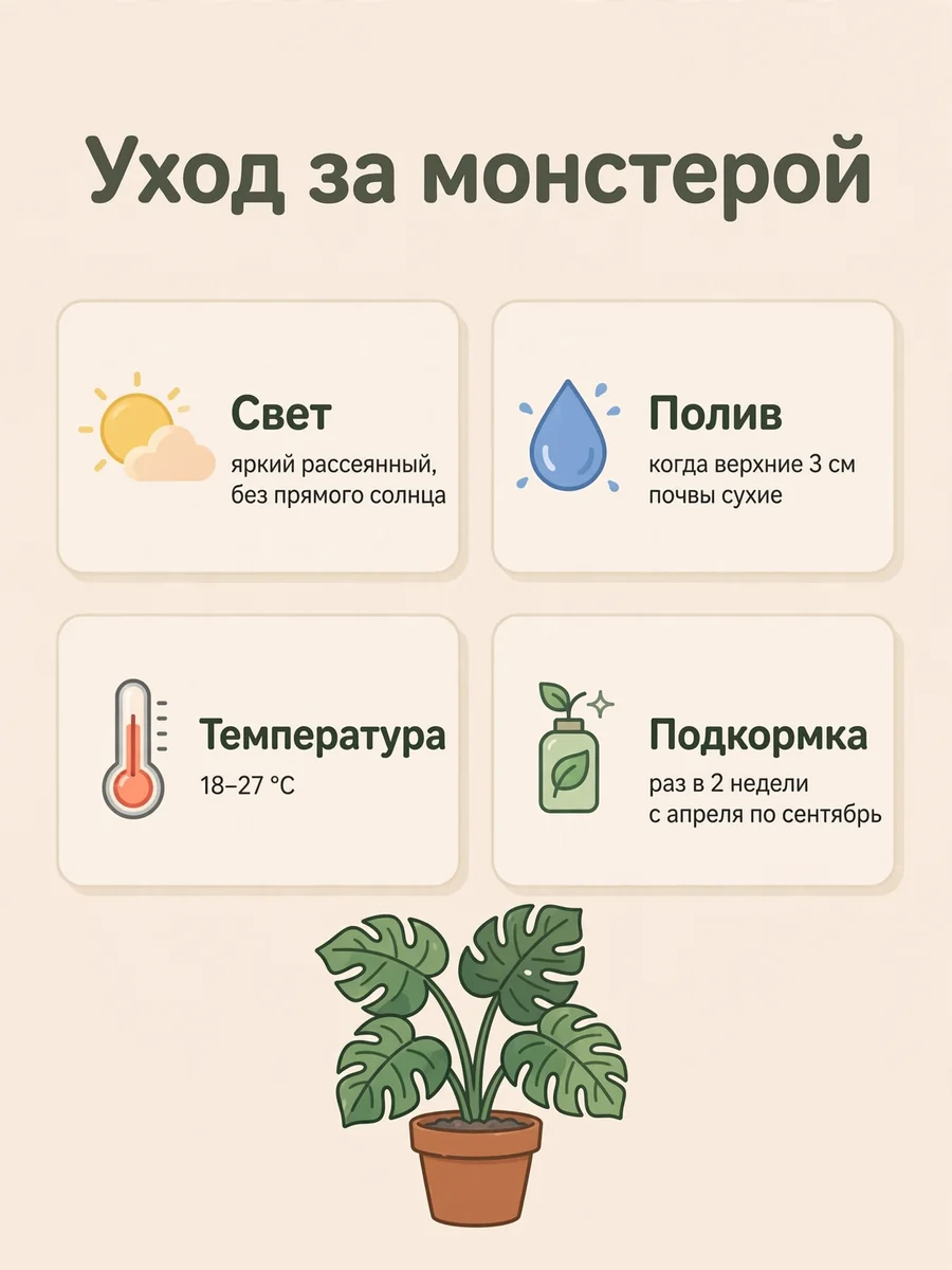 Памятка «Уход за монстерой»: четыре карточки про свет, полив, температуру и подкормку