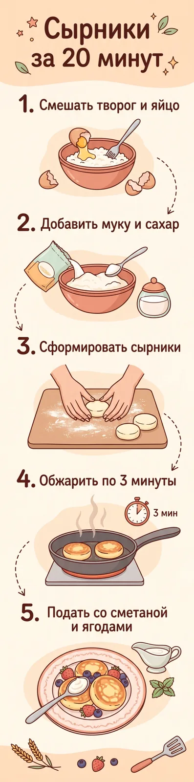 Вертикальная инфографика «Сырники за 20 минут» из пяти шагов с рисунками