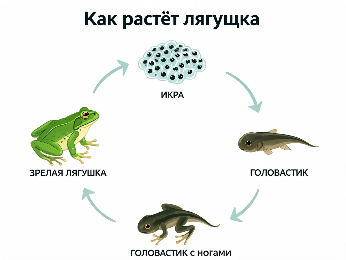 Схема жизненного цикла лягушки по кругу: икра, головастик, головастик с ногами, лягушка