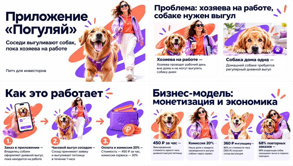 Четыре слайда питча в режиме «Дизайнерская»: обложка, проблема, как работает сервис и бизнес-модель