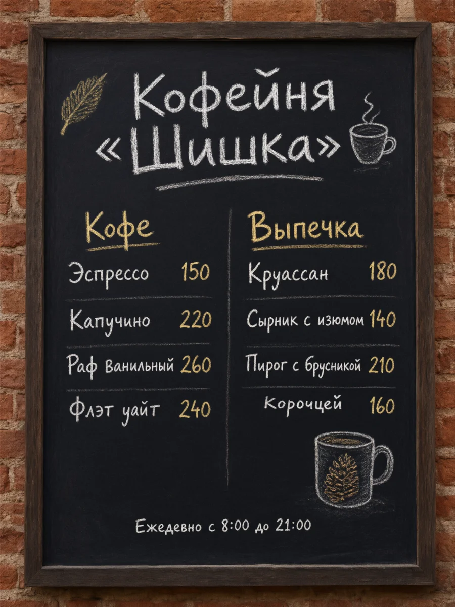 Меню, где нижняя строка выпечки заменена одним словом «Корочцей»