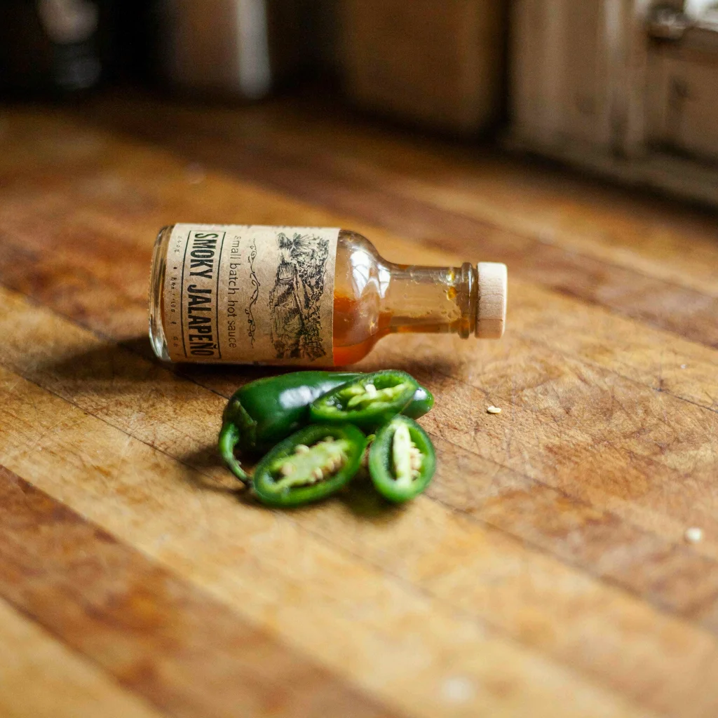 Бутылочка соуса лежит на деревянной столешнице, на этикетке SMOKY JALAPEÑO, рядом нарезанный халапеньо