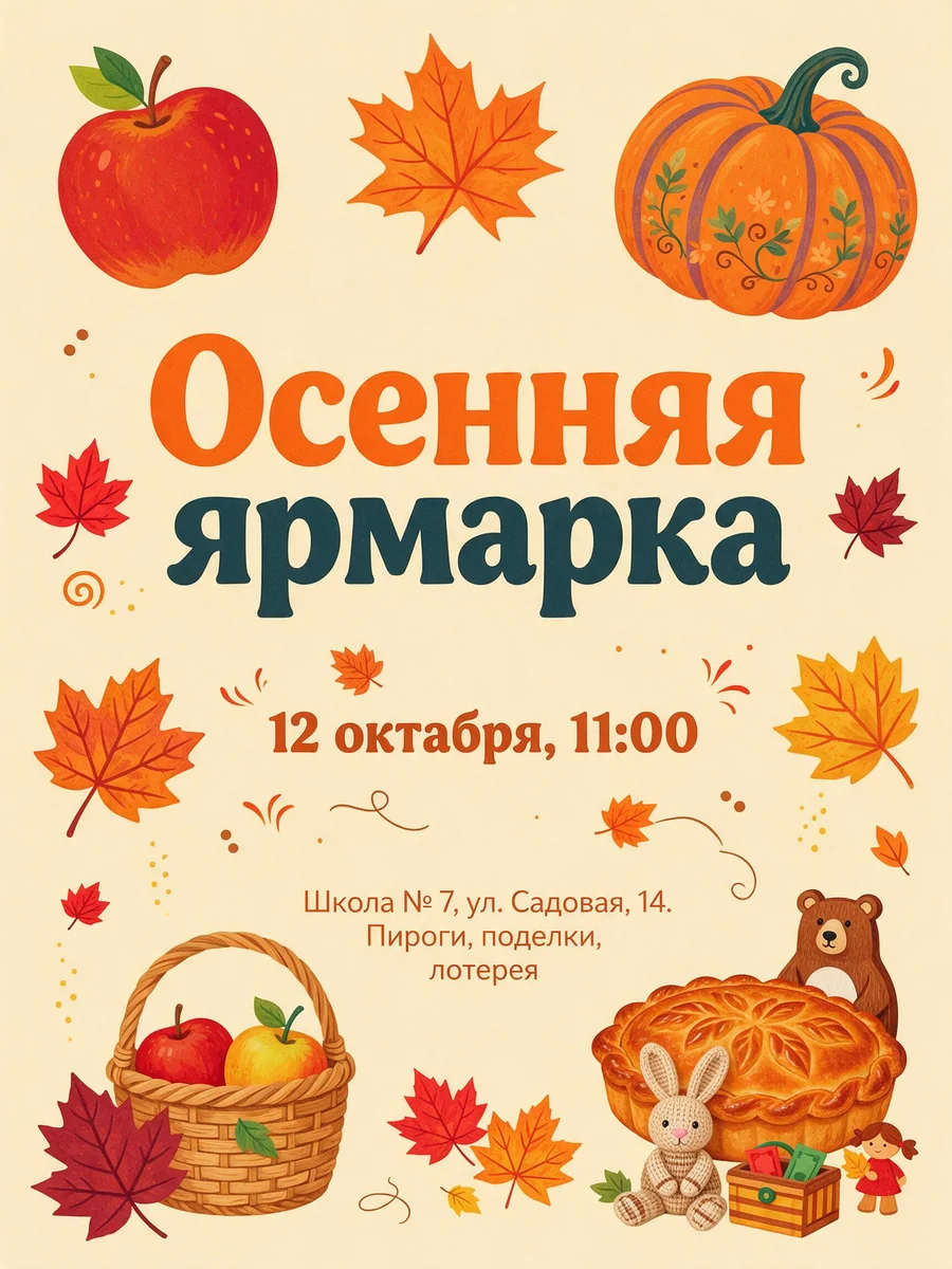 Афиша «Осенняя ярмарка» с корзиной яблок и мишкой, в дате ошибка «октабря», Seedream 5.0 Pro