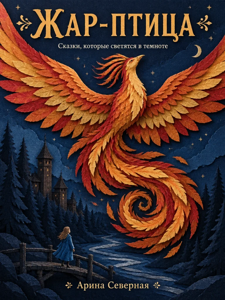Обложка книги «Жар-птица»: птица из вырезанной цветной бумаги над ночным лесом