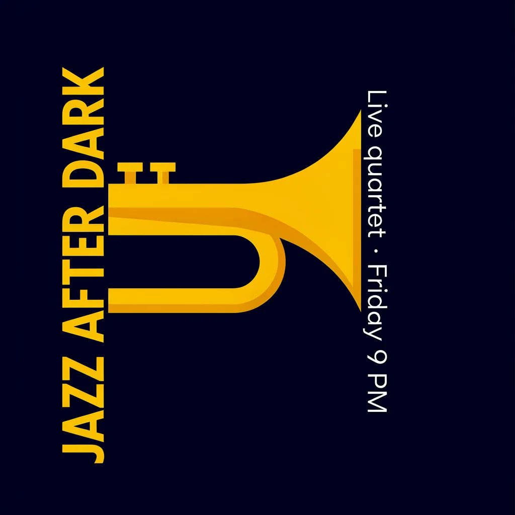 Джазовый плакат из V4: надписи JAZZ AFTER DARK и Live quartet стоят вертикально