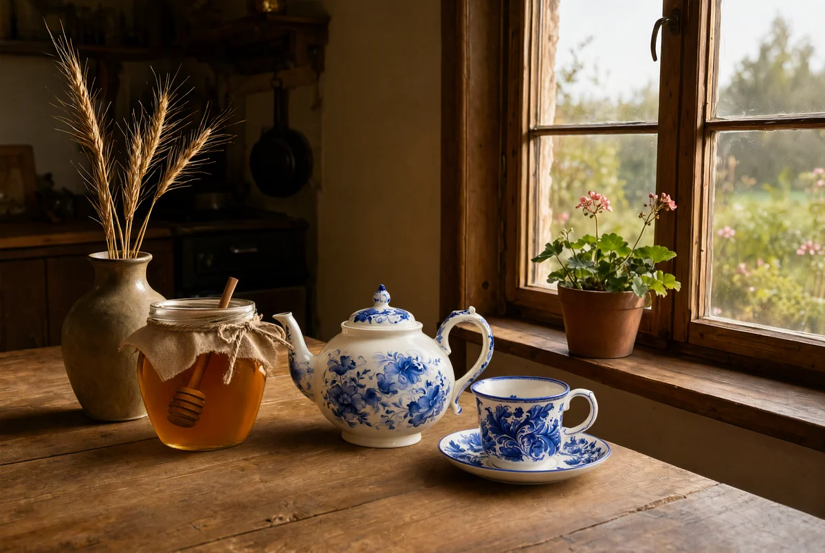 Натюрморт на деревенском столе: банка мёда, расписной чайник и чашка с блюдцем у окна с геранью