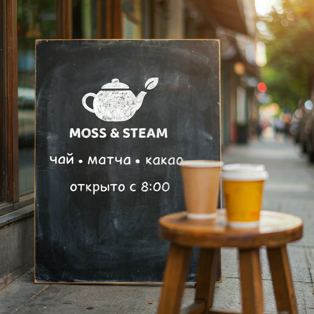 Меловая доска на тротуаре: чайник мелом, надписи MOSS & STEAM, «чай · матча · какао», «открыто с 8:00»