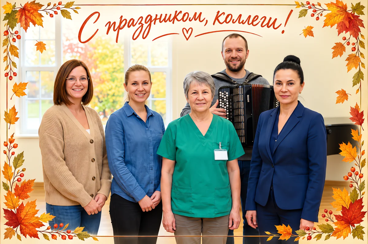 Общее фото коллектива в рамке из осенних листьев с поздравлением коллегам