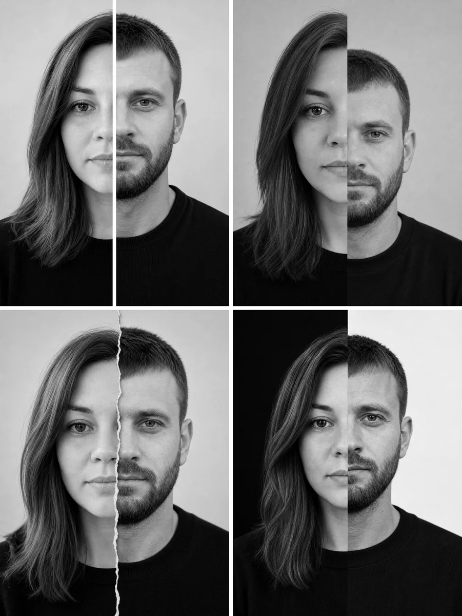 Четыре варианта стыка: белая полоса, сдвиг половин, рваная бумага, чёрный и белый фон