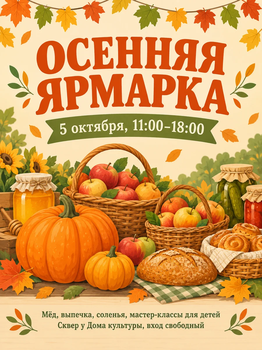 Афиша осенней ярмарки из GPT Image 2 в качестве Low: заголовок, дата и две строки мелкого текста без ошибок