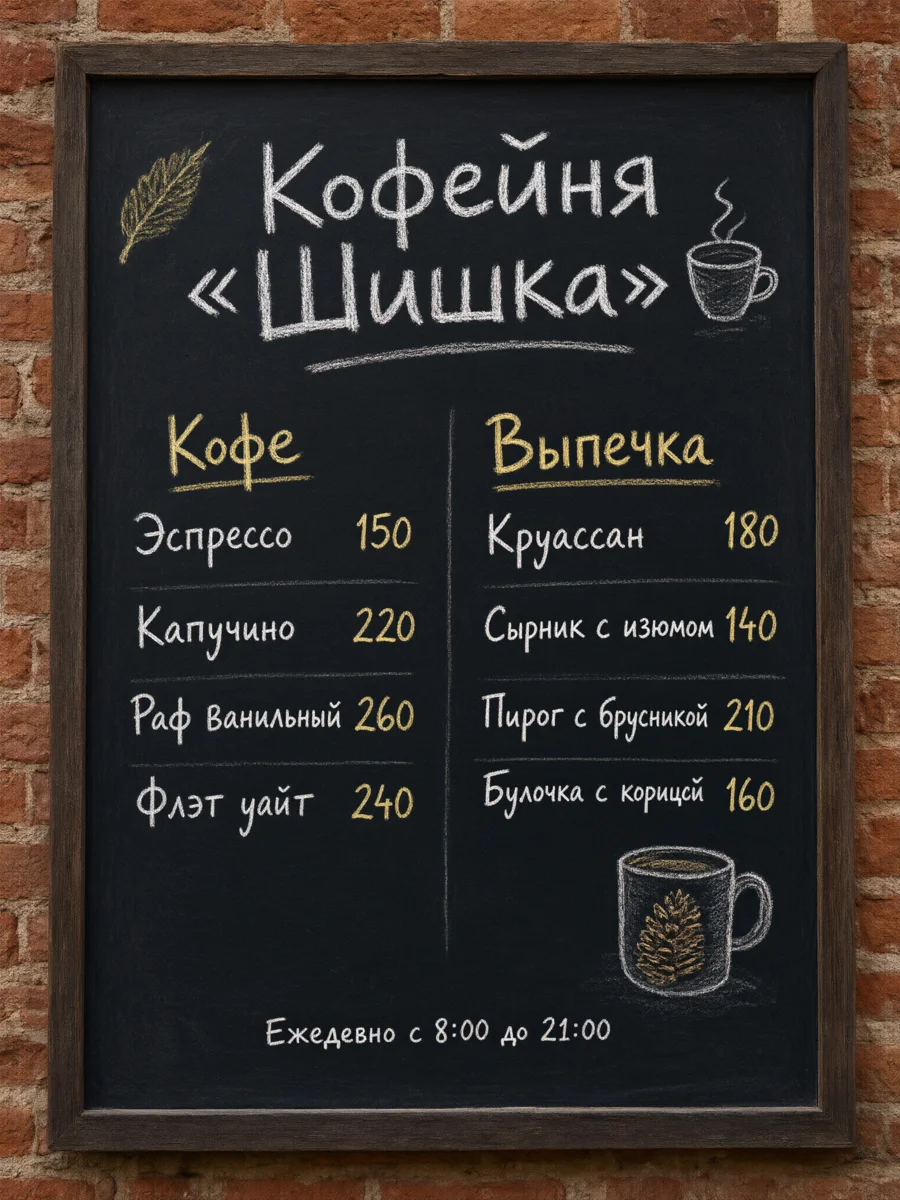 Меловая доска в деревянной рамке с меню кофейни «Шишка» в два столбца