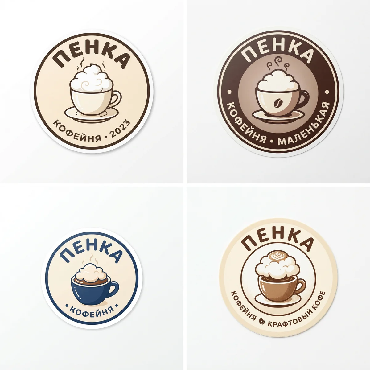 Четыре варианта круглой наклейки-логотипа кофейни «Пенка» с чашкой и пеной-облаком