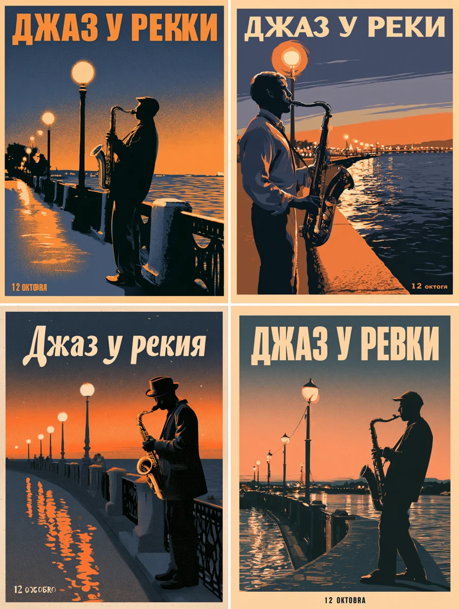 Четыре ретро-афиши с саксофонистом, русская надпись с ошибками на трёх из четырёх