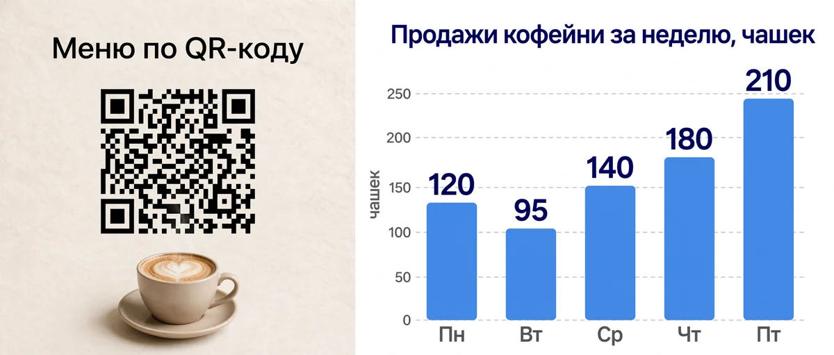Плакат кофейни с нечитаемым QR-кодом и диаграмма, где столбец 210 доходит почти до 250