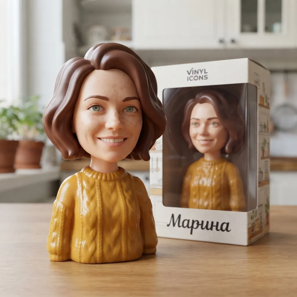 Виниловая фигурка с большой головой по фото женщины и коробка с надписью «Марина»