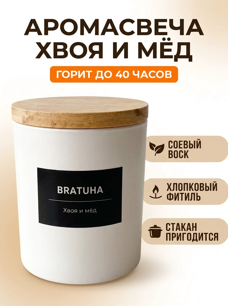 Карточка свечи на светлом фоне с оранжевой плашкой «Горит до 40 часов», стакан белый, крышка надета