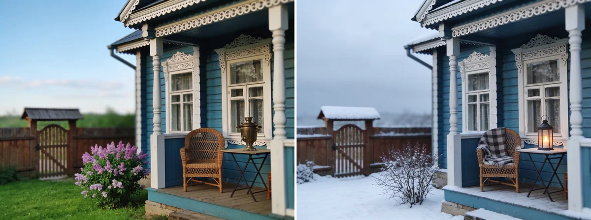 Голубой деревянный дом с верандой и сиренью летом и тот же дом зимой с фонарём на столе