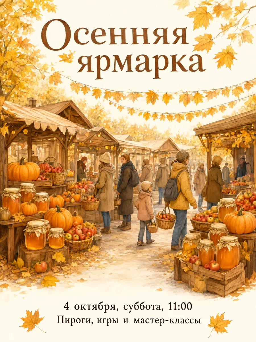 Акварельная афиша осенней ярмарки с тыквами и банками мёда, Qwen Image 3.0