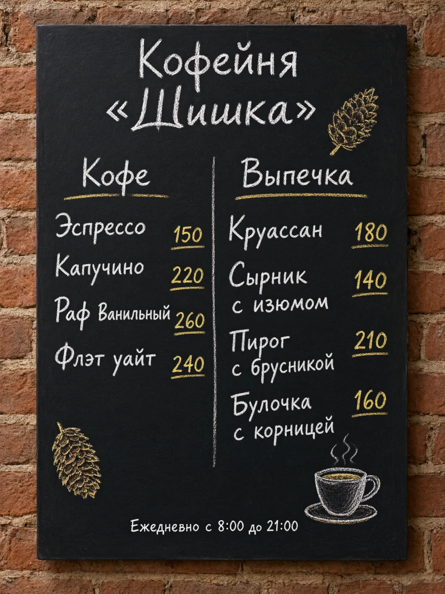 Доска без рамки с меню кофейни, рядом мелом нарисованы две шишки и чашка