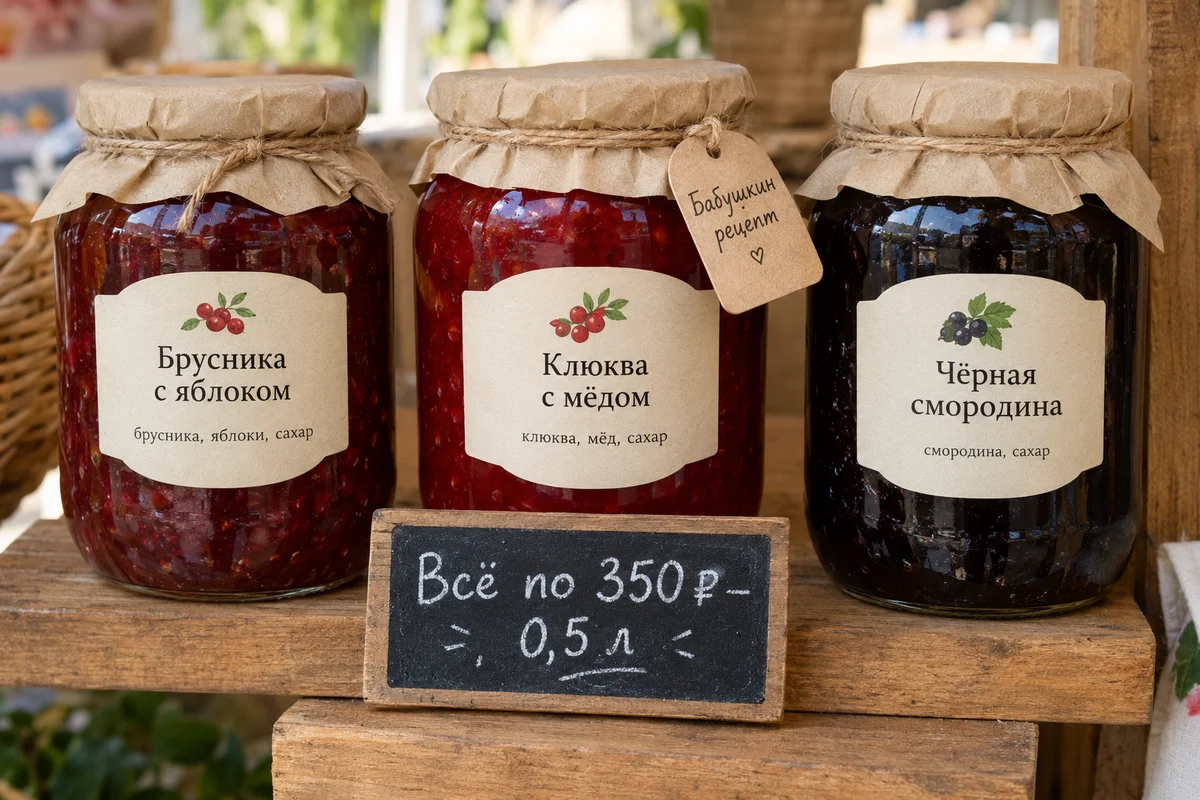 Банки с простыми этикетками, на которых нарисованы только ягоды, и доска с росчерками мелом