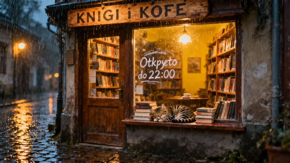 Книжная лавка под дождём с латинской вывеской KNIGI i KOFE и котом на стопке книг
