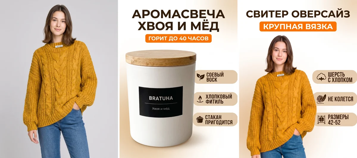 Три картинки: девушка в свитере, карточка свечи как образец и карточка свитера в той же раскладке