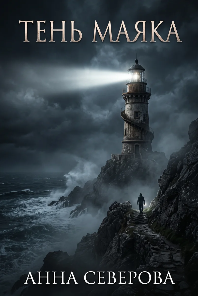 Фотореалистичная обложка «Тень маяка»: луч маяка над штормовым морем, маленькая фигура на тропе
