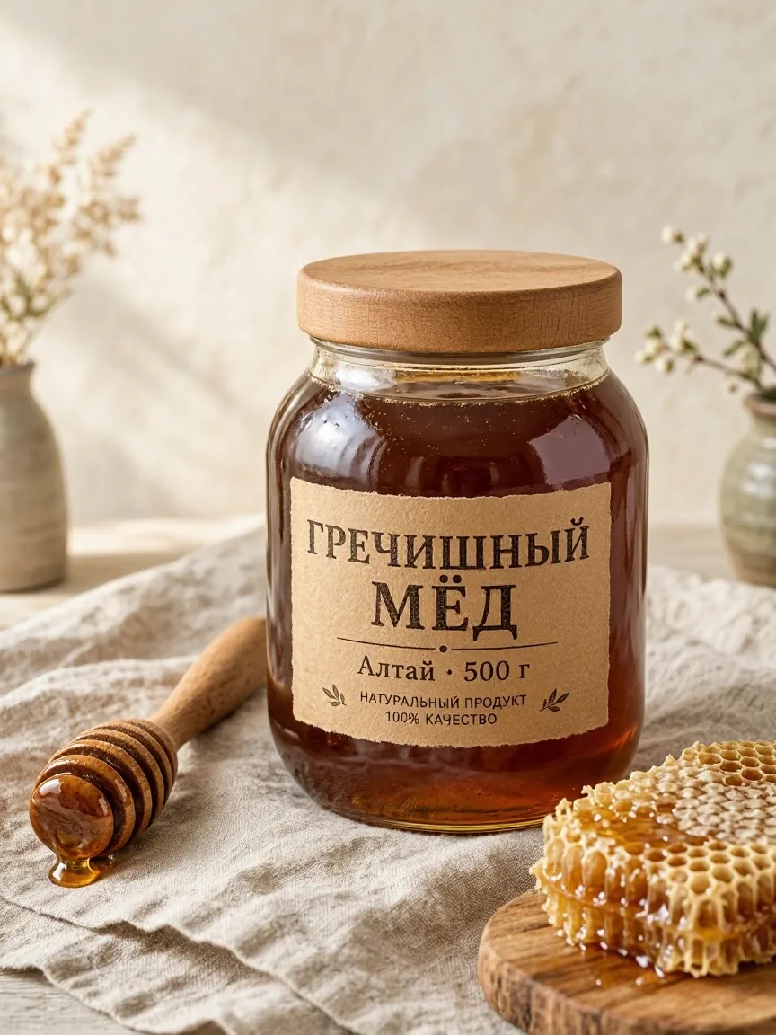 Гречишный мёд, модель Flash: шрифт с засечками и лишняя строка «Натуральный продукт»