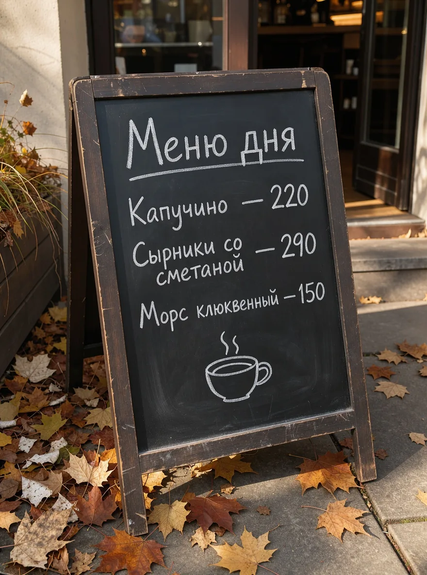 Меловая доска «Меню дня» у кофейни, три строки с ценами написаны без ошибок, внизу рисунок чашки