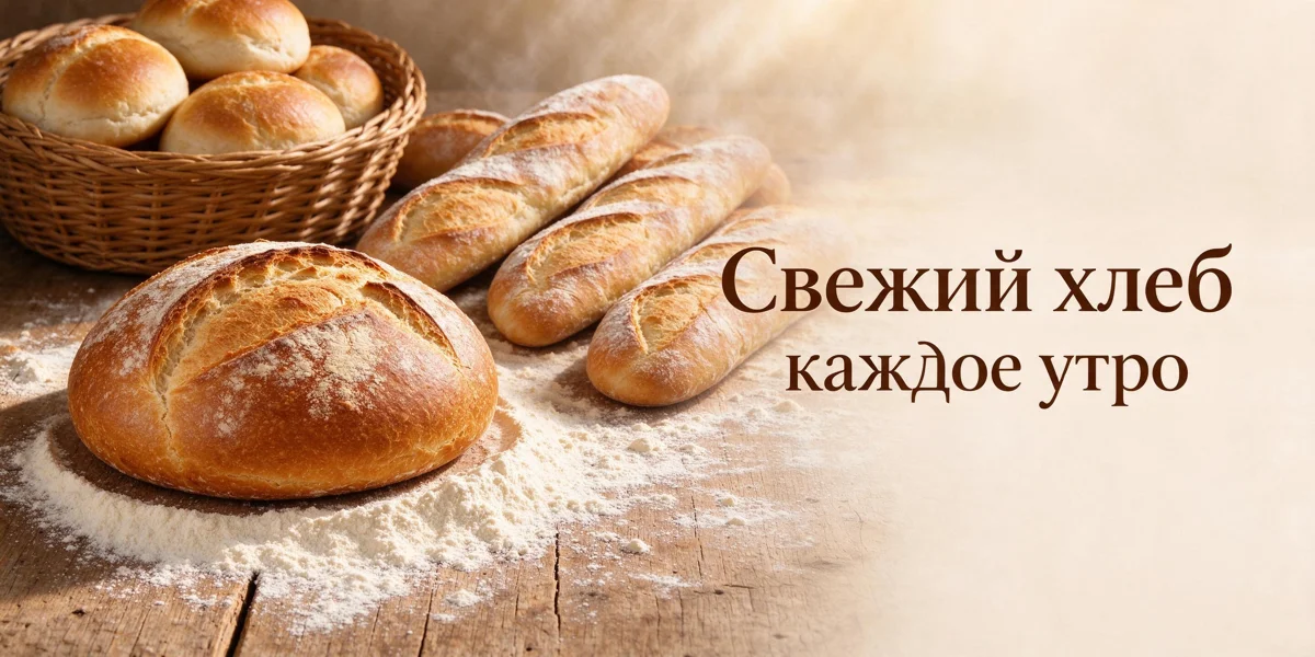 Каравай, багеты и корзина с булками на столе в муке, справа надпись «Свежий хлеб каждое утро»