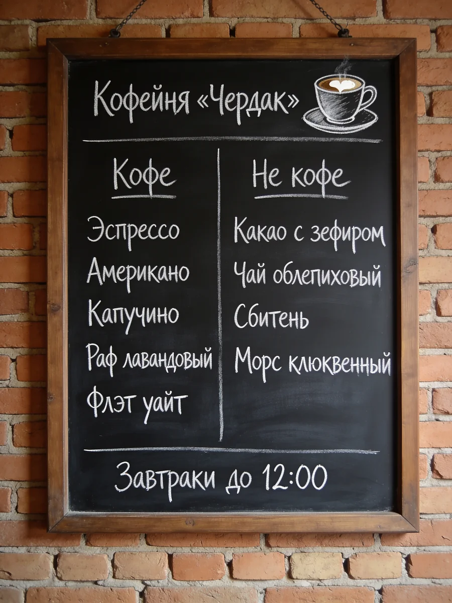 Грифельная доска с меню кофейни «Чердак» в деревянной раме на кирпичной стене, все надписи без ошибок