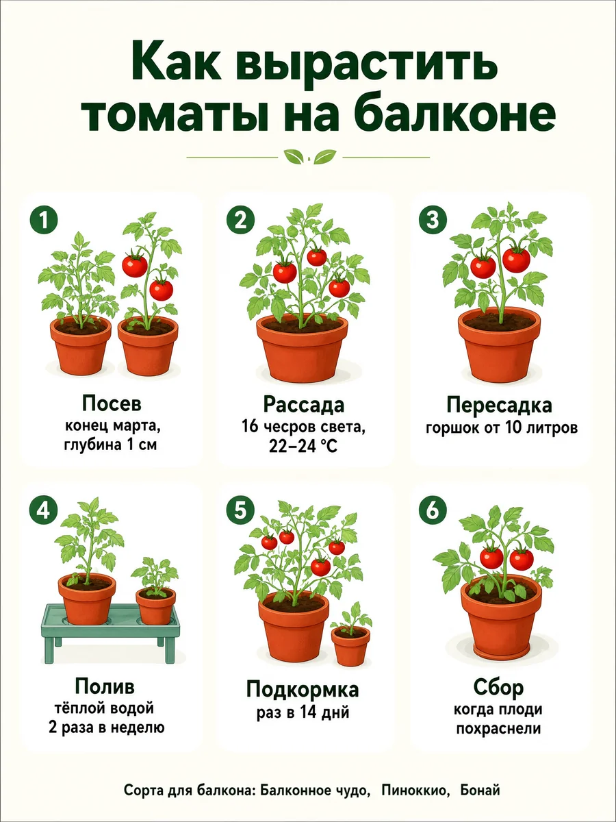 Инфографика «Как вырастить томаты на балконе» из шести блоков с горшками