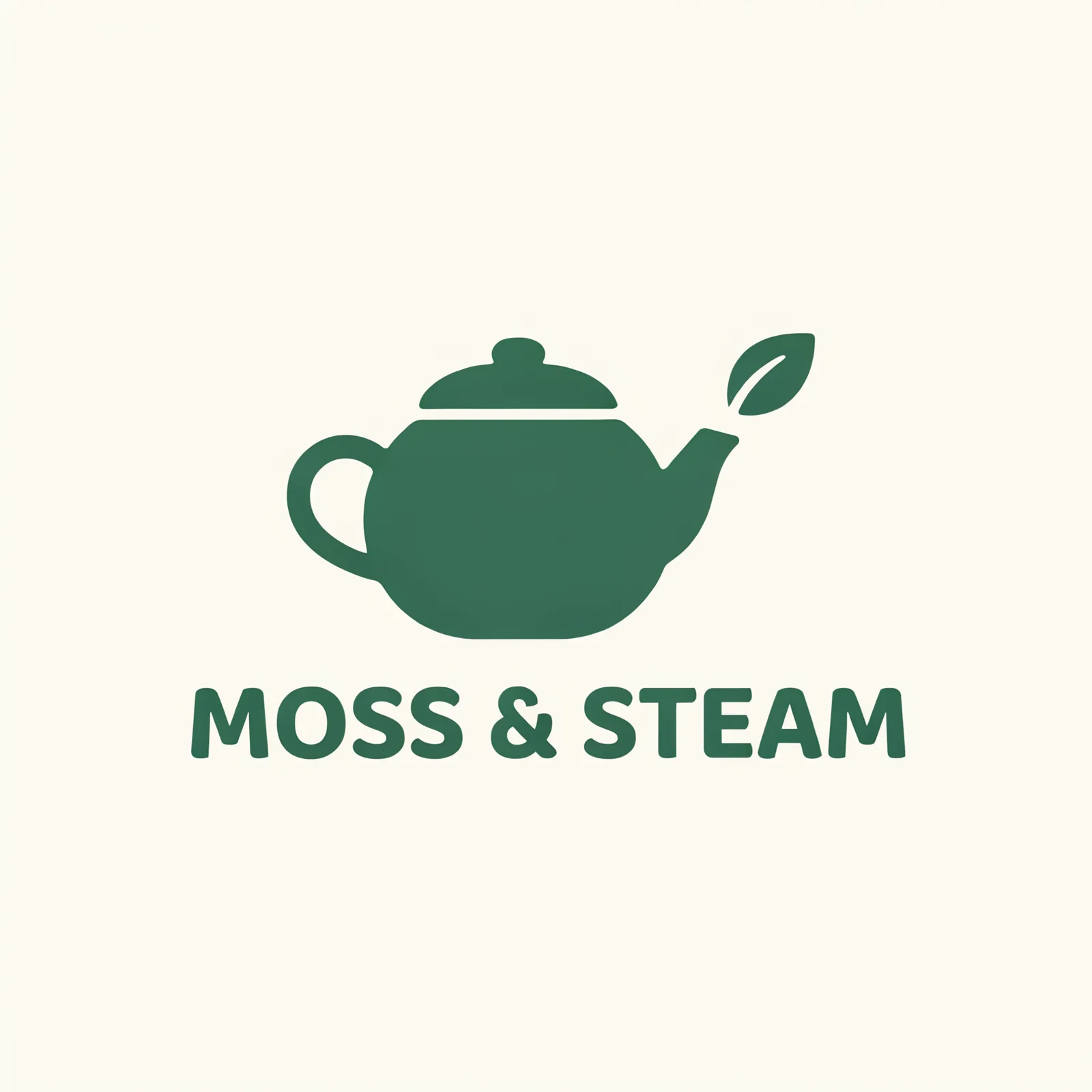 Зелёный логотип: чайник с листиком над носиком и надпись MOSS & STEAM