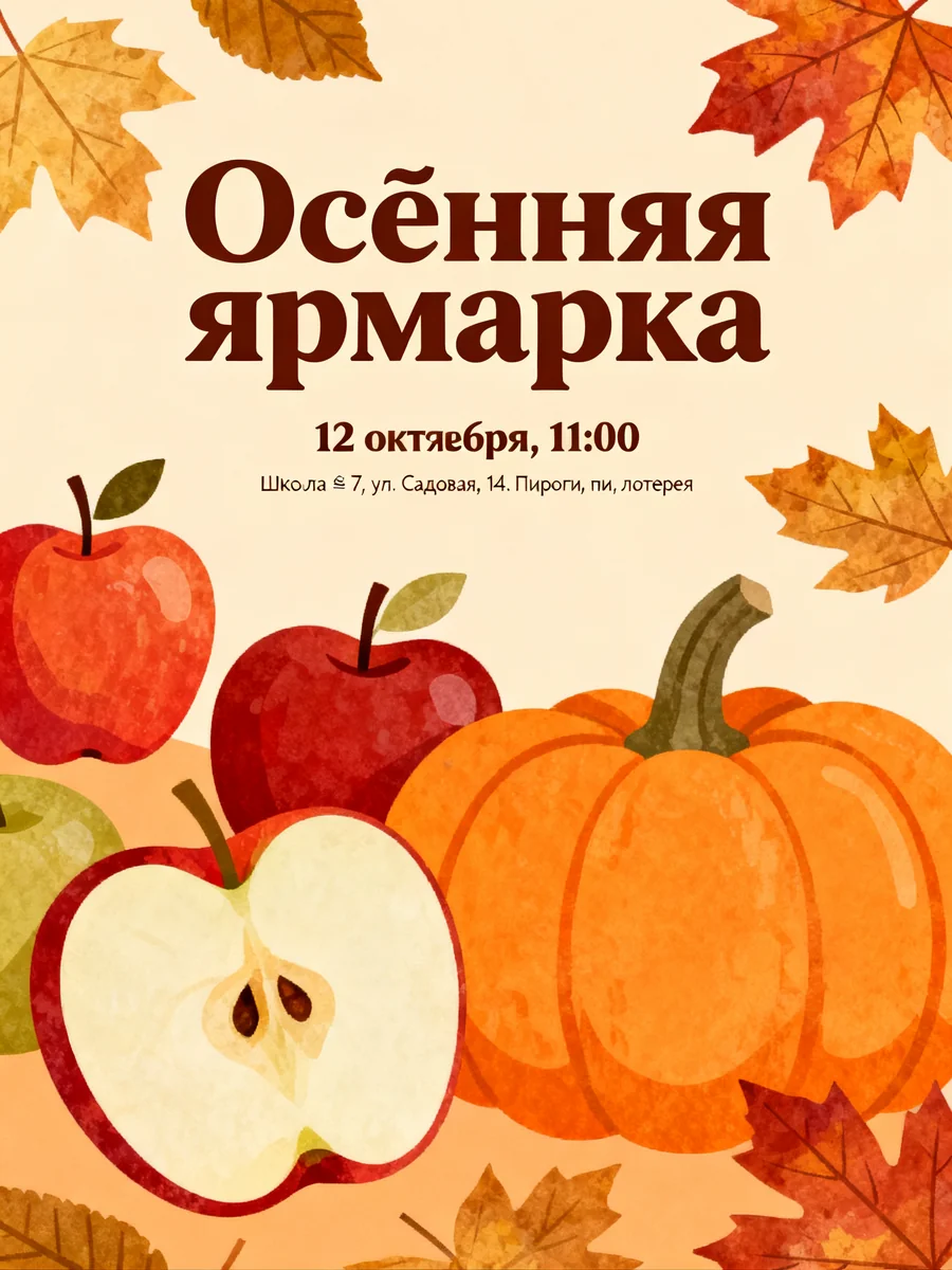 Афиша с большой тыквой, в заголовке лишняя «ё», в дате «октяебря», Seedream 4.0