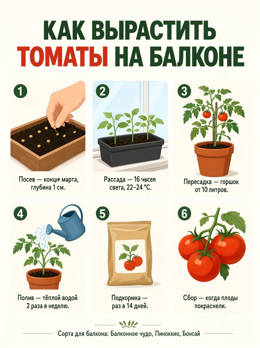 Инфографика про томаты с семенами, рассадой, лейкой и пакетом удобрений