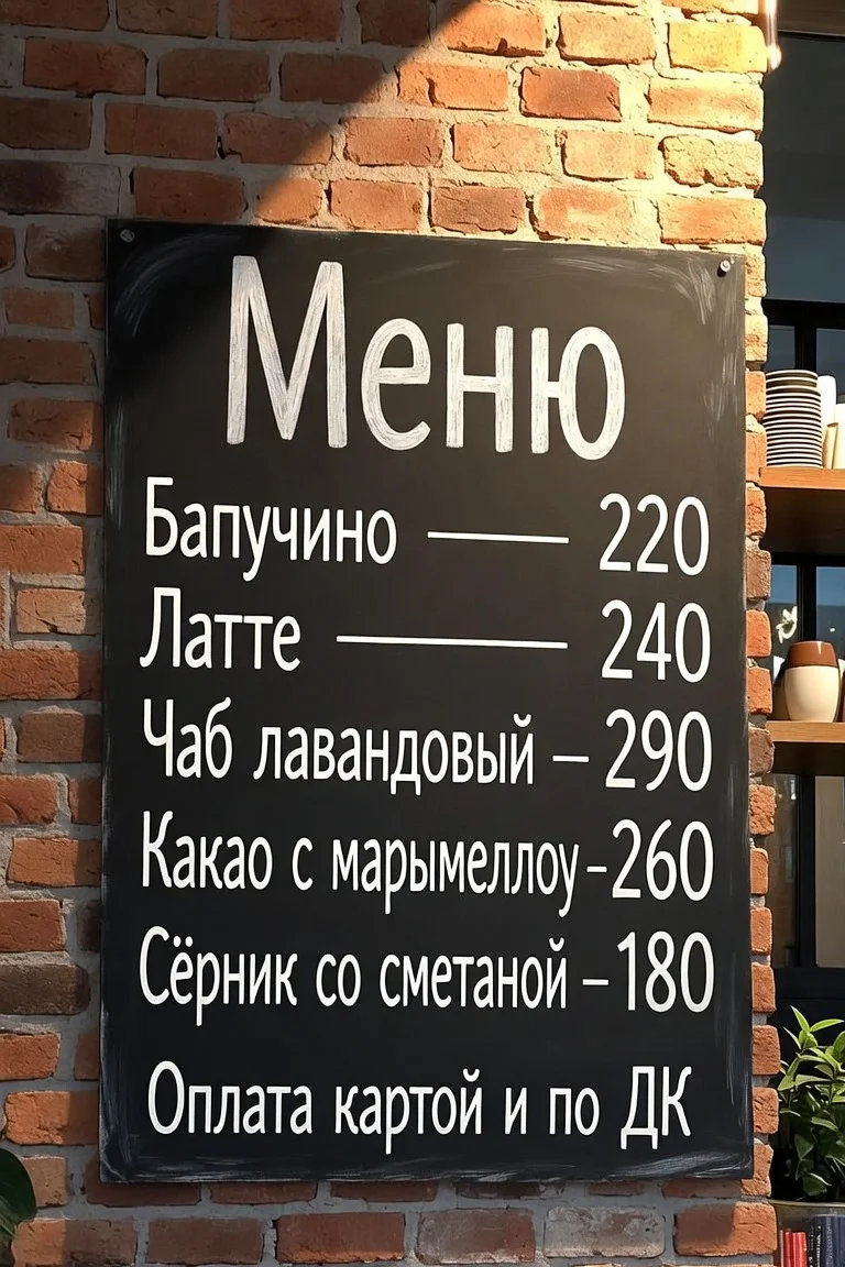 Меню на меловой доске от Grok Image с ошибками в названиях напитков