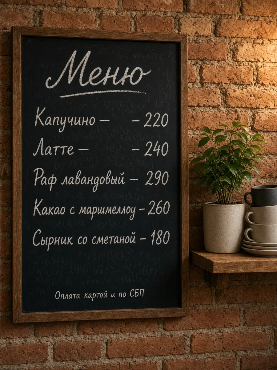 Меловая доска с меню кофейни на кирпичной стене: пять напитков и цены