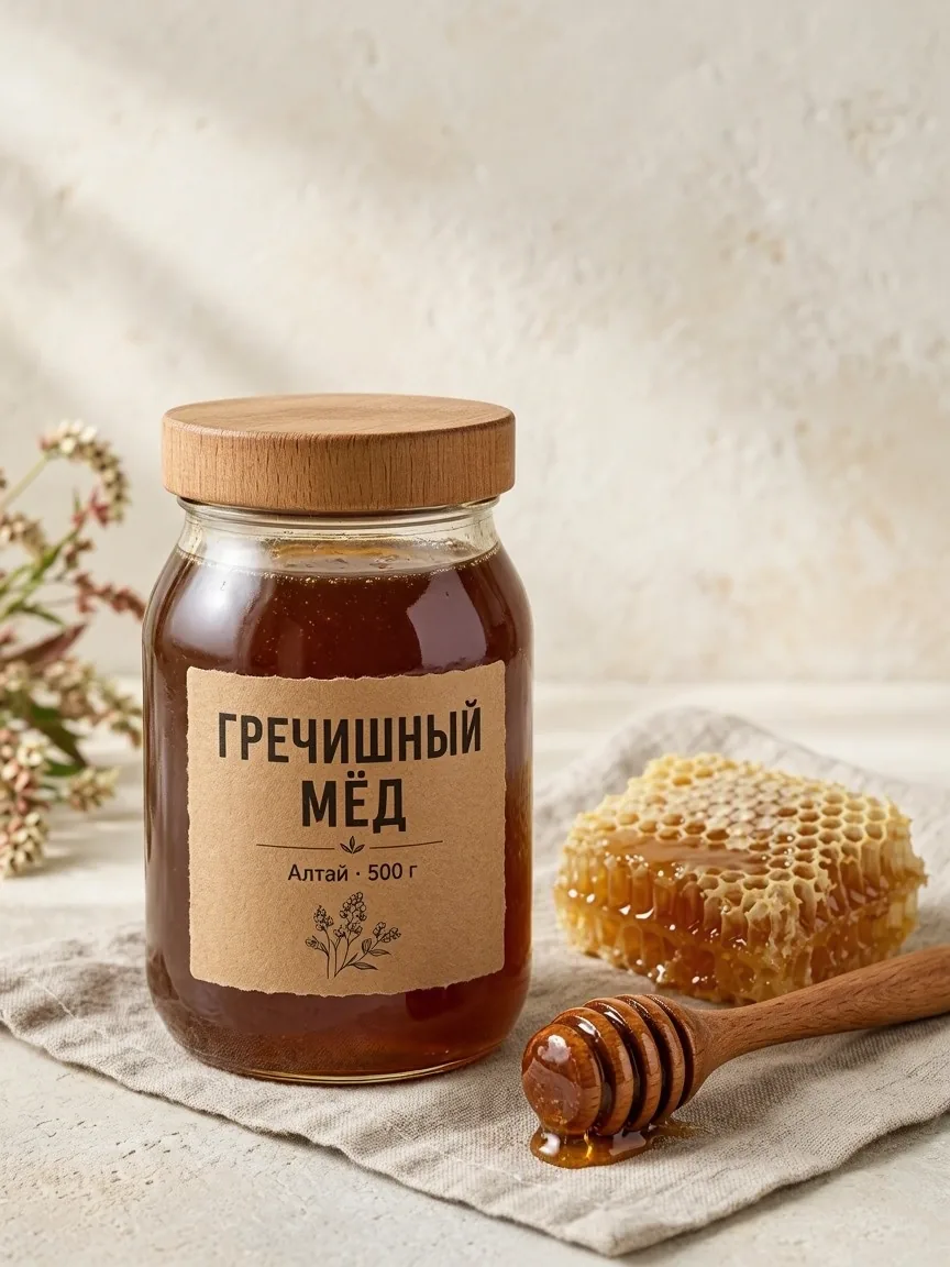 Банка тёмного гречишного мёда с крафтовой этикеткой на льняной салфетке, рядом ложка-веретено и соты