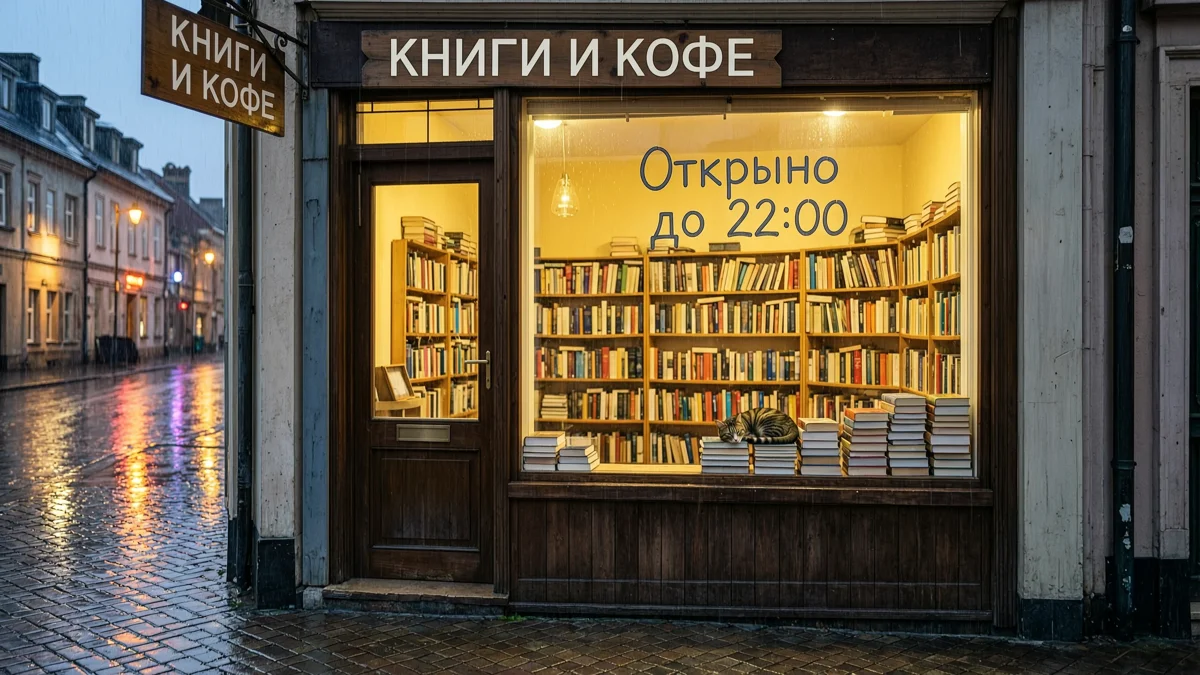 Витрина книжной лавки с вывеской «КНИГИ И КОФЕ» и надписью с ошибкой «Открыно до 22:00»