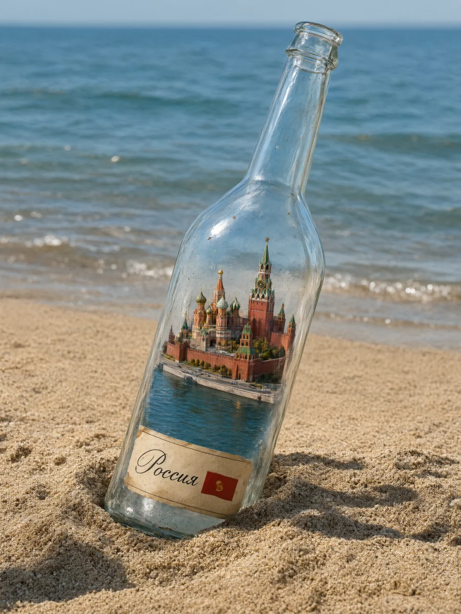 Стеклянная бутылка в песке у моря, внутри миниатюрный Кремль, на этикетке надпись «Россия»