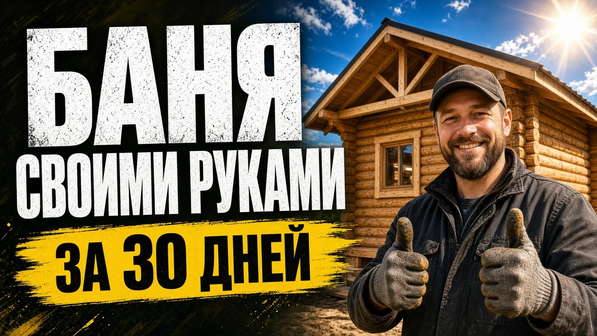 Обложка видео с надписью «Баня своими руками за 30 дней» и строителем у деревянной бани