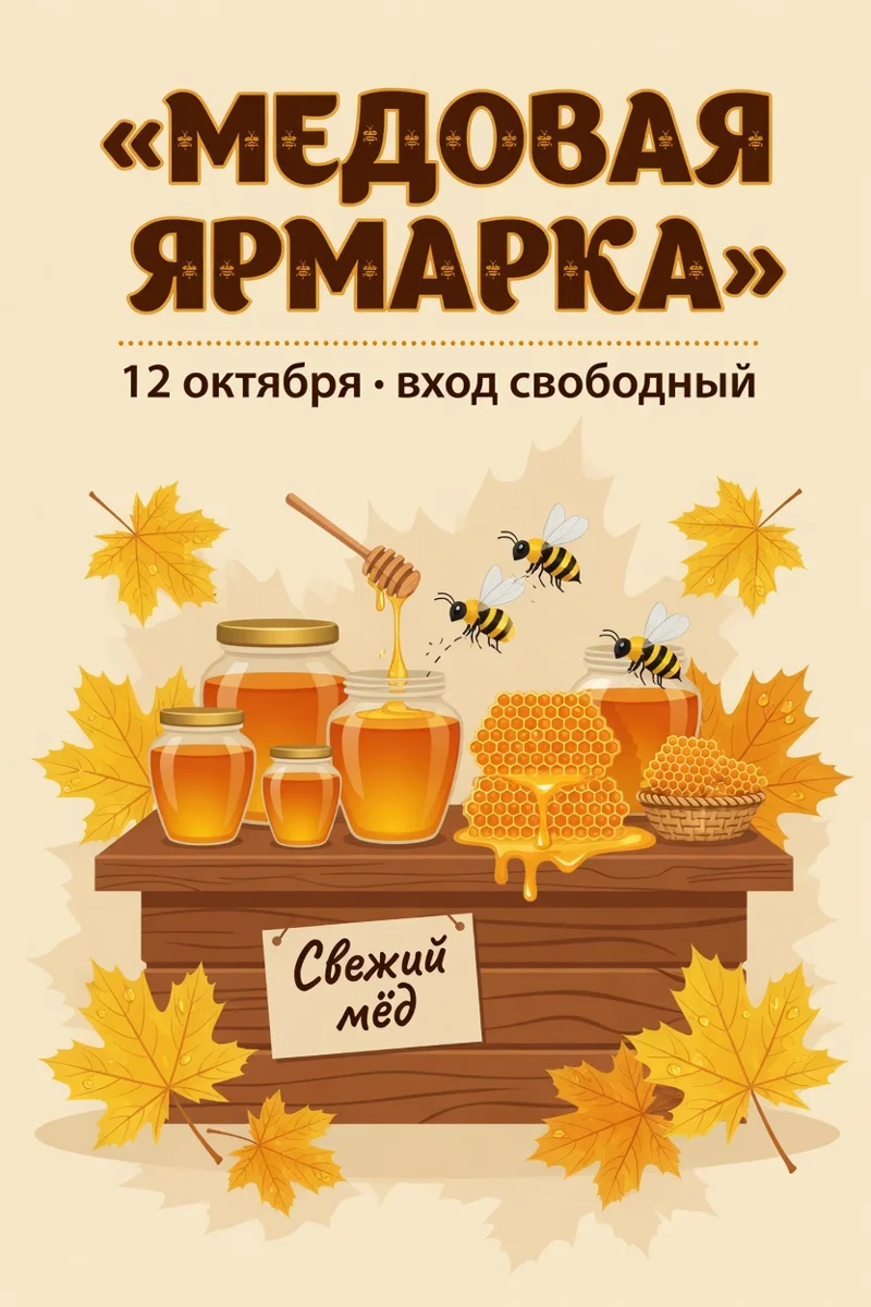 Афиша Grok Image Pro: «Медовая ярмарка» в кавычках и табличка «Свежий мёд»