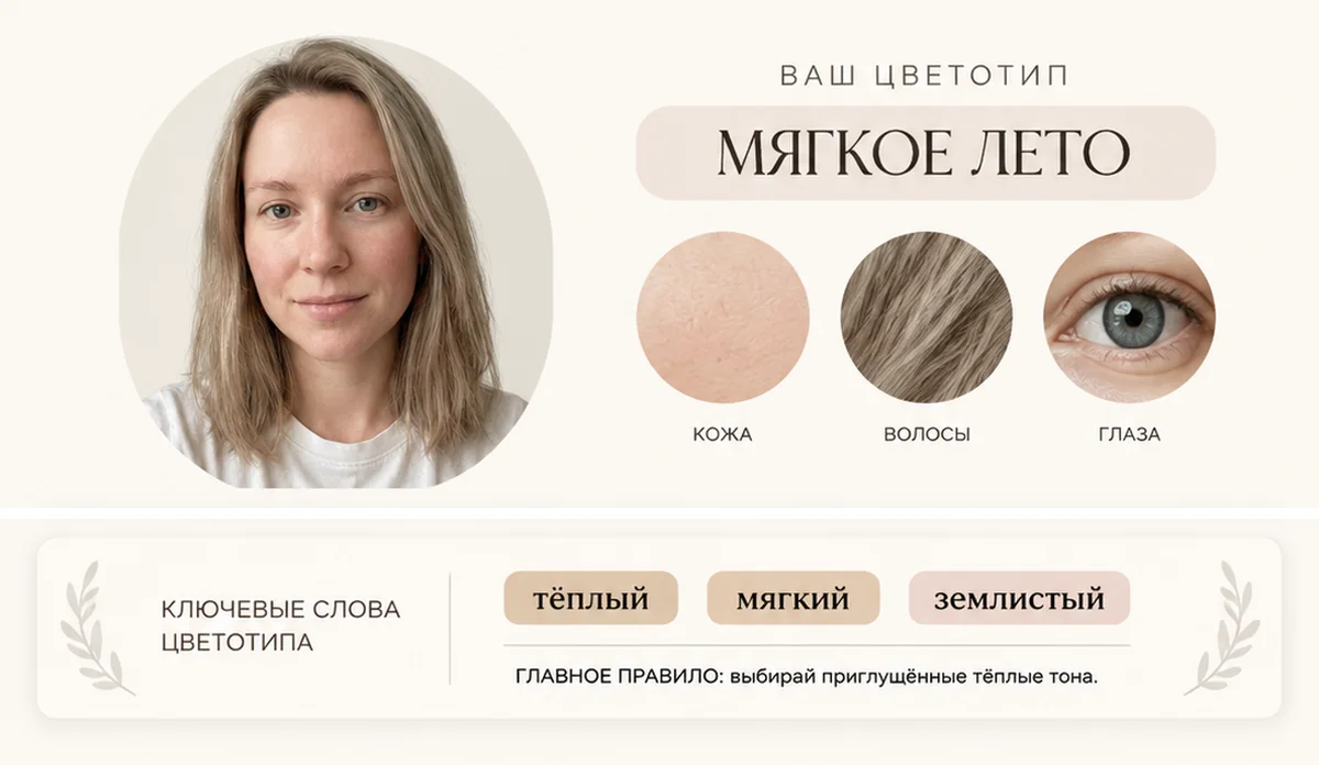 Разворот в качестве Low: название «Мягкое лето» и ключевые слова «тёплый, мягкий, землистый» из примера в промпте