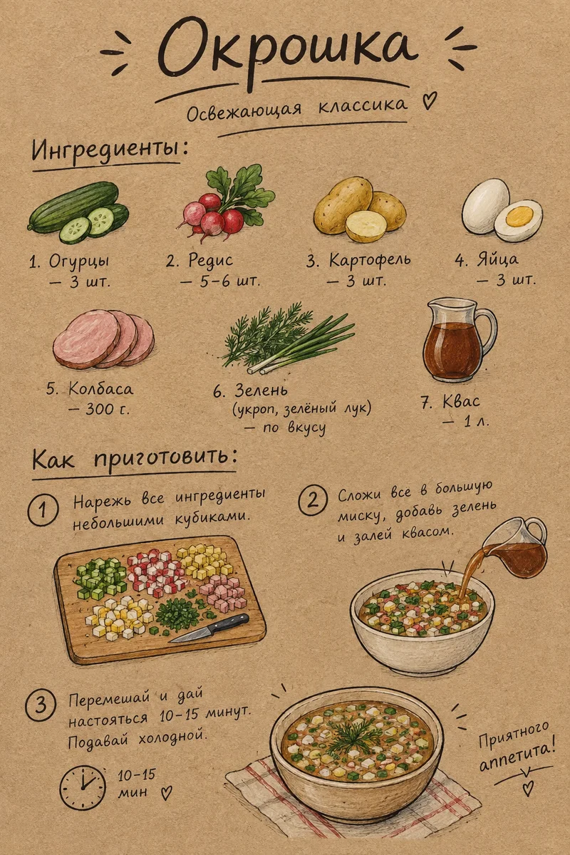 Карточка рецепта окрошки на крафт-бумаге: семь ингредиентов с рисунками и три шага приготовления