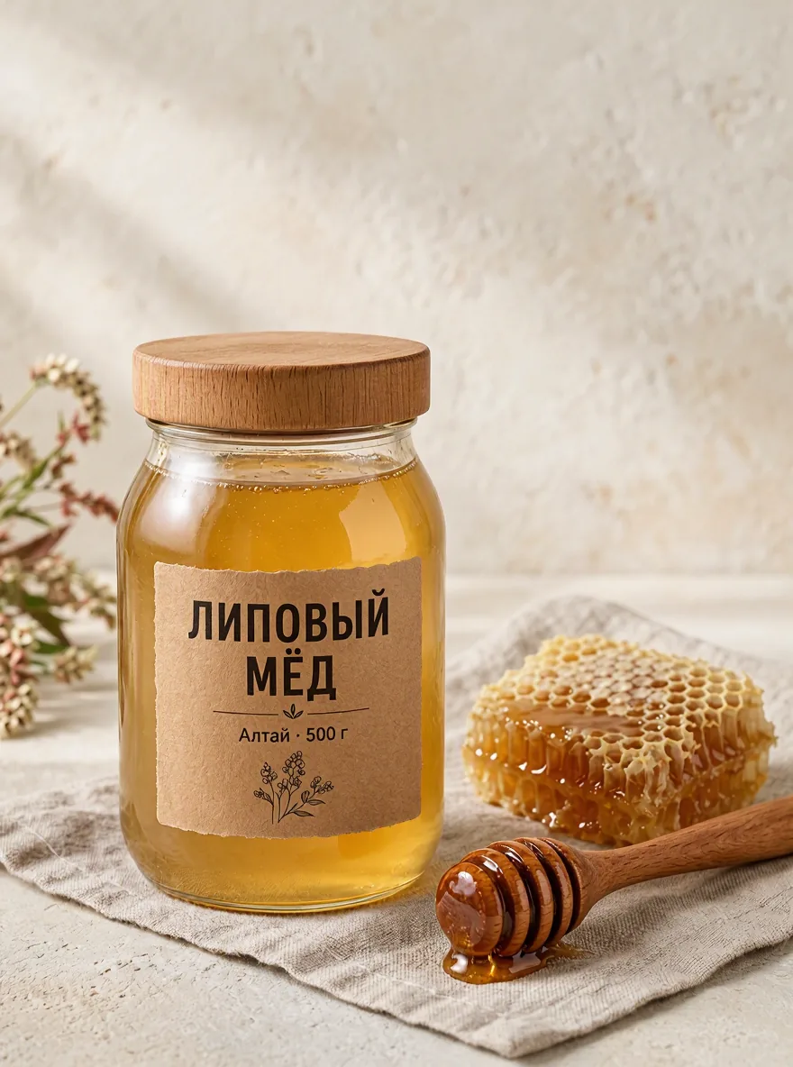 Та же банка со светлым золотистым мёдом и этикеткой «Липовый мёд»