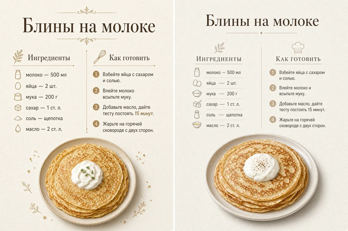 Две карточки рецепта блинов на молоке со списком ингредиентов, шагами и фото стопки блинов