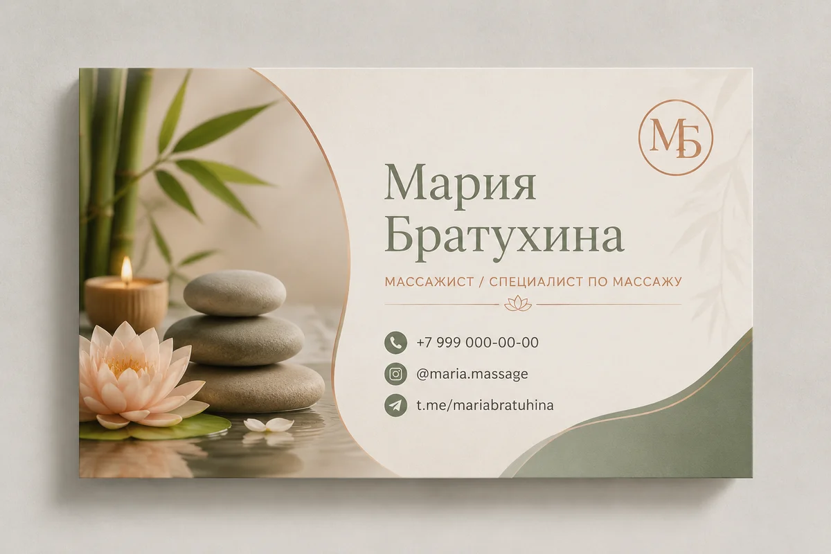 Визитка массажиста в бежевых и шалфейных тонах с камнями, бамбуком и цветком лотоса