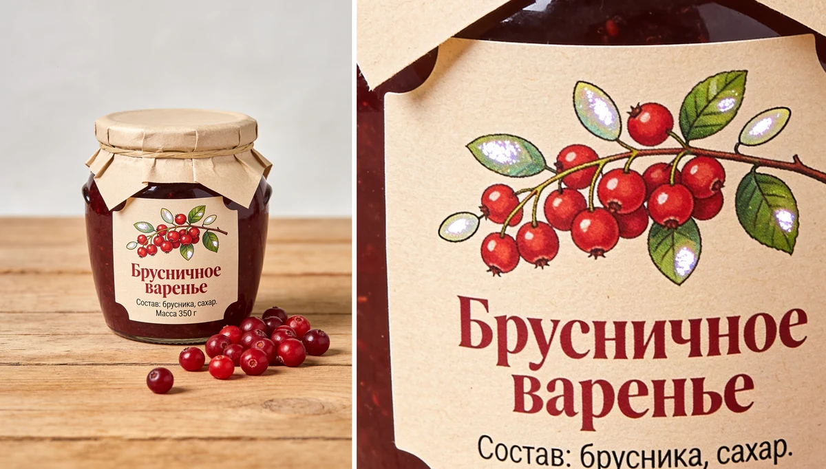 Банка брусничного варенья с этикеткой и фрагмент этикетки 1:1 с веточкой брусники и надписью
