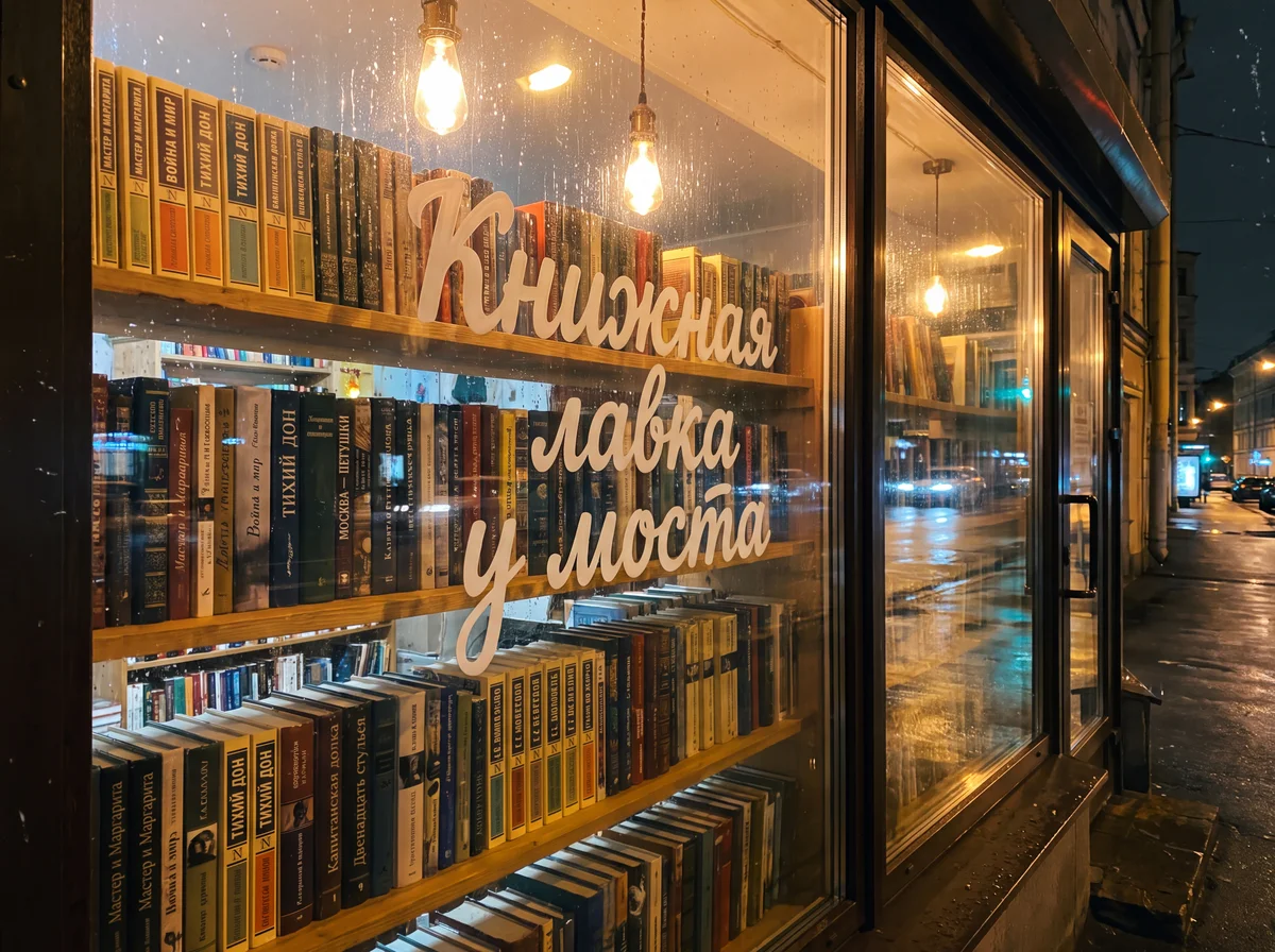 Витрина книжного магазина вечером с надписью «Книжная лавка у моста», сгенерированная в 4K