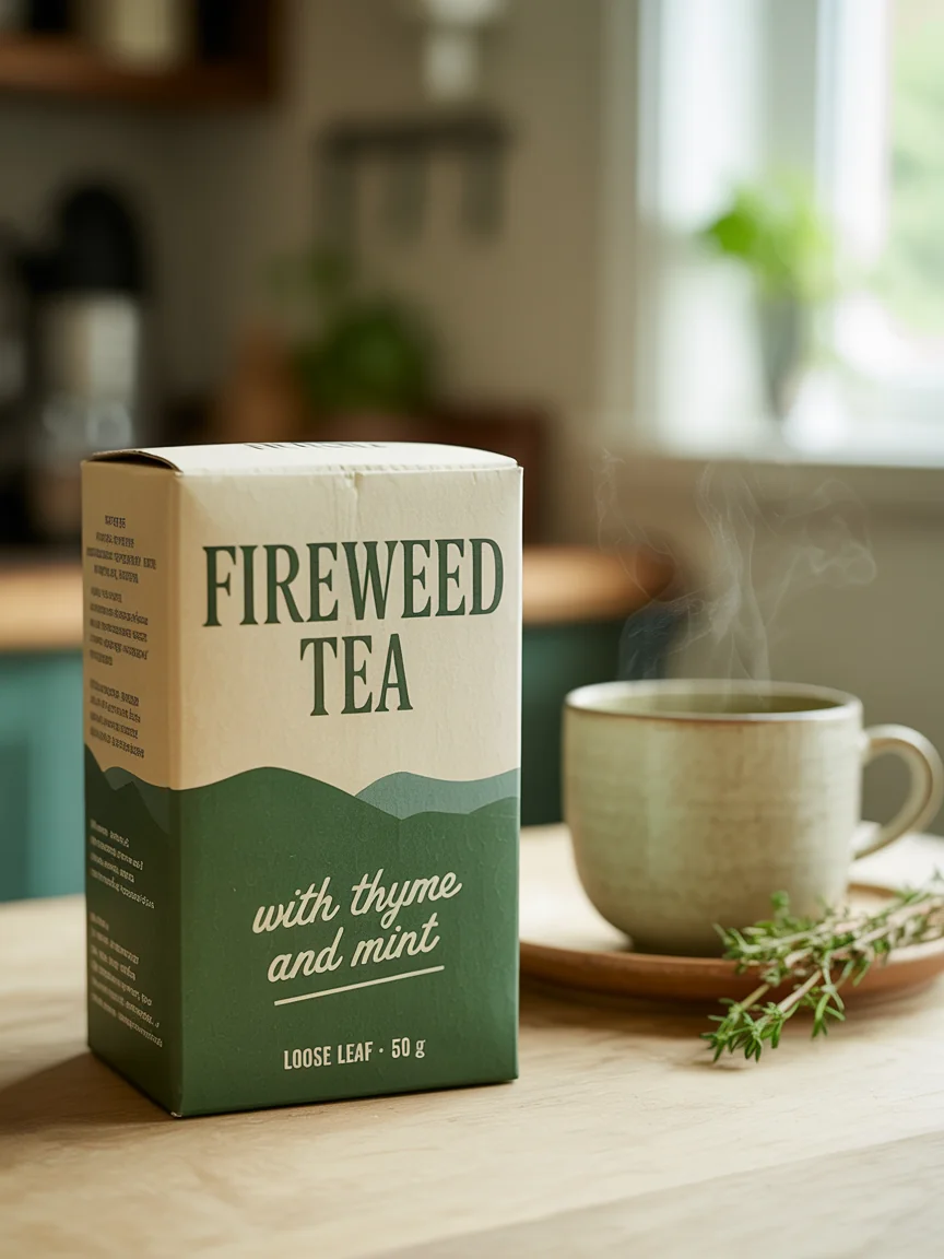 Референс: коробка Fireweed Tea, сверху кремовая, снизу зелёная с волной, надписи зелёным шрифтом с засечками
